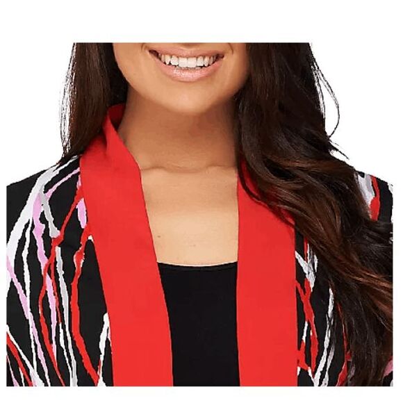 Bob Mackie Womens 3X Printed Kimono Top Blue Contrast Solid Trim Stretch NWT - Picture 4 of 4